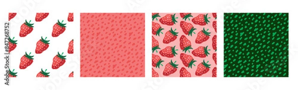 Fototapeta Strawberry seamless pattern set of four. Hand drawn vector Doodle print with Red Berry background and abstract patterns. Berry organic food for dessert menu, wallpaper, textile, wrapping, Основные RGB