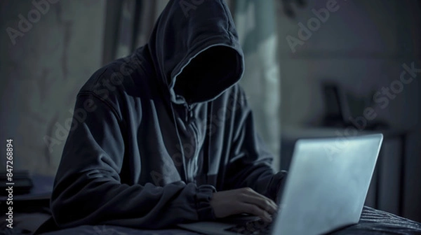 Obraz Silhouetted hacker with hood using a laptop in darkness, representing cybercrime, internet privacy, and network security.