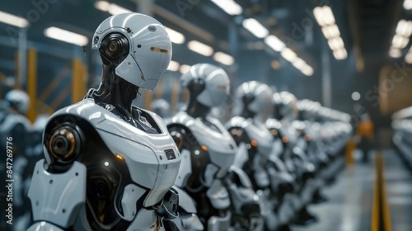 Obraz Assembly line robots in a factory. Emphasizes automation, robotics technology, and efficiency in modern manufacturing. Suitable for industrial and tech sector content.