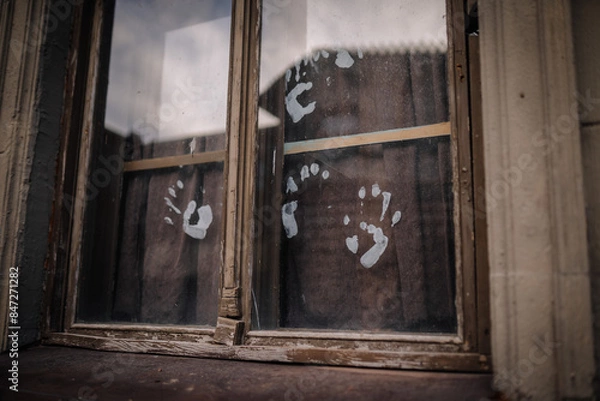 Fototapeta Dobele, Latvia - June 7, 2024 - Close-up of a weathered window with white handprints on the glass, creating a mysterious and eerie atmosphere.