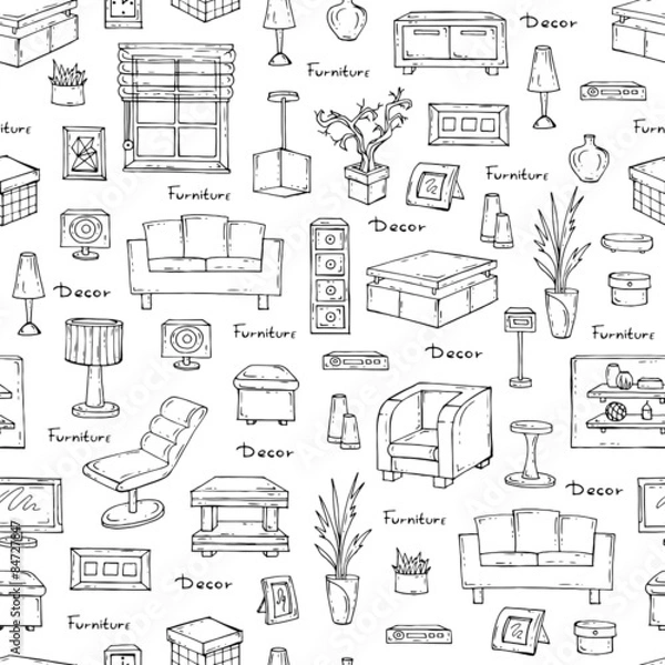 Fototapeta Vector seamless pattern of hand drawn furniture and decorative elements on white background. Interior design. Background for use in design, web site, packing, textile, fabric