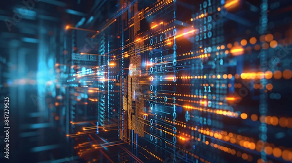 Fototapeta Visualizing the flow of data in a network, using binary code to emphasize important elements