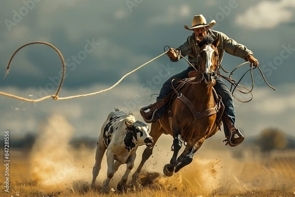 Obraz This image captures a professional photo of a cowboy lassoing a calf at full speed while on horseback, showcasing the intensity and precision of the moment. Both the horse and calf are in motion