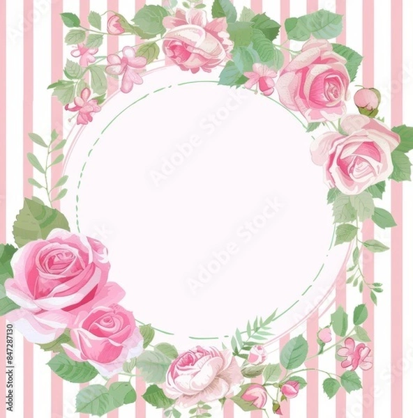 Fototapeta Round frame with pink floral borderRound frame with pink floral border 