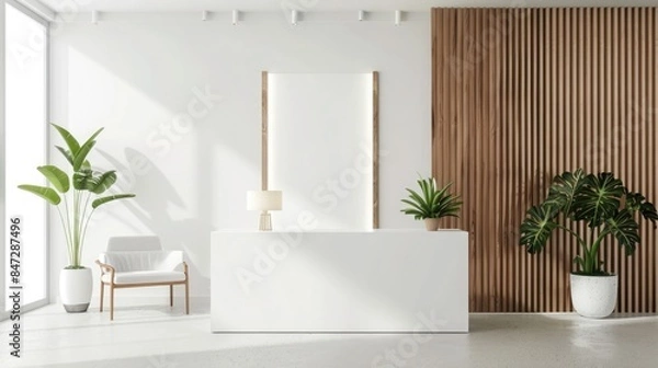 Fototapeta Blank roll-up mockup poster in a contemporary office reception area, ready for branding or informational displays, sleek and sophisticated design, light background, minimalism. Roll up mockup poster