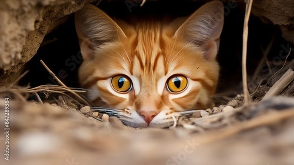 Fototapeta Ginger kitten, innocent with wide eyes, curiously watching the world around in adorable wonder