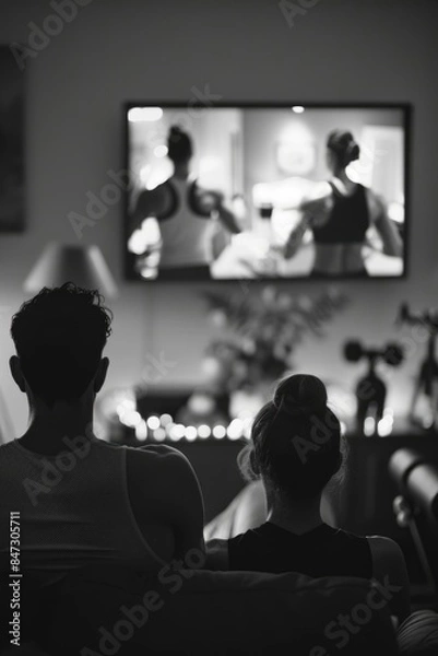 Fototapeta A man and a woman relaxing together on a couch while watching television