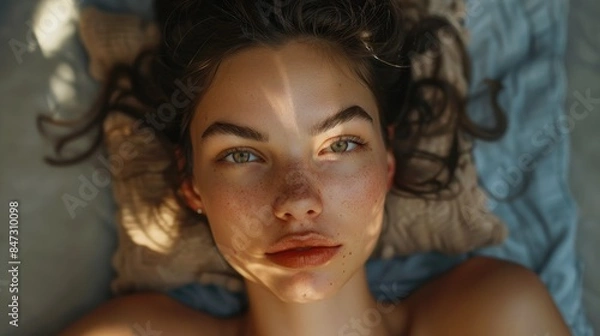 Fototapeta A person relaxing on a bed next to a pillow, possibly sleeping or daydreaming
