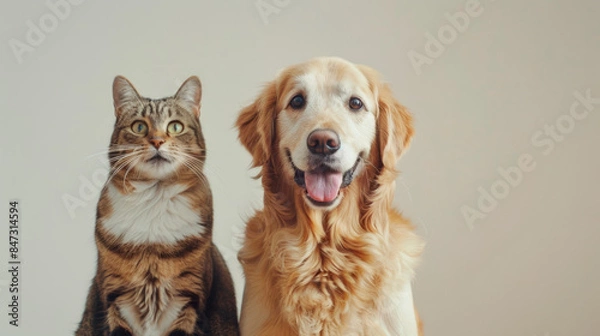 Fototapeta a happy dog and a cat sitting, background.