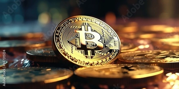 Fototapeta A pile of bitcoins stacked on top of each other, possibly representing wealth or financial success