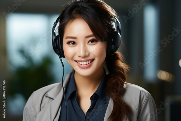 Obraz portrait of smiling telemarketing Asian Woman working in call center full of happiness