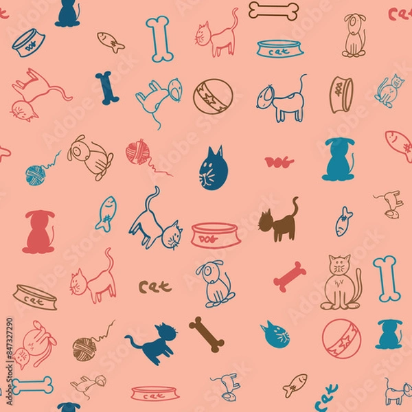 Fototapeta Seamless Repeat Pattern Cats and Dogs and all the toys they love. Pet and animal lovers know Dogs and Cats need their Bowls, balls, yarn, fish toy and bones. 