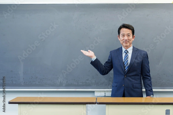 Fototapeta 黒板を指し示す教師