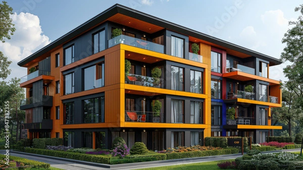 Fototapeta modern and luxury apartment building with vibrant colors for real estate themes created with Generative AI technology