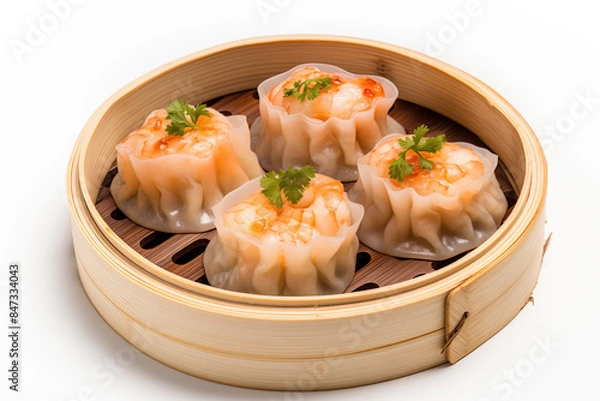 Obraz A close-up view of tasty steamed dumplings dim sum garnished with fresh coriander leaves, served in a traditional bamboo steamer against a white background.