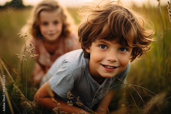 Fototapeta children playing in the field, nature, countryside, play hide-and-seek in sunlight, happy thrilled smiling girl, boy, intense expression, wearing tshirt, excited, long hair, cheerful, friends