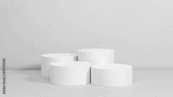 Fototapeta Background for product showcasing. Four white cylindrical stand on a gray background. 3D rendering.