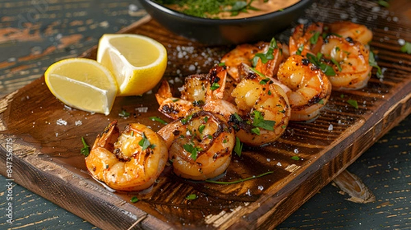 Fototapeta Fast food shrimp served with a side of lemon wedges, presented on a rustic wooden board