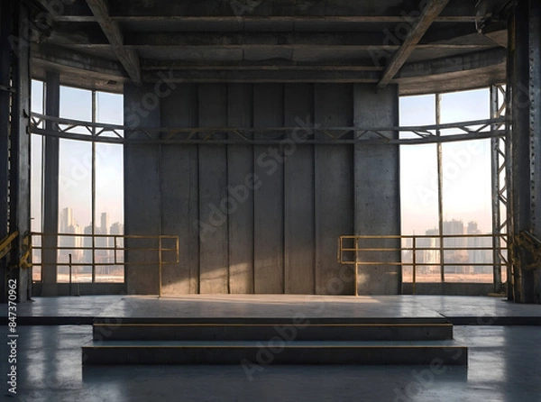 Fototapeta A bright daylight podium image of empty indoor space located on high floor which under construction surrounded by steel and concrete structures.