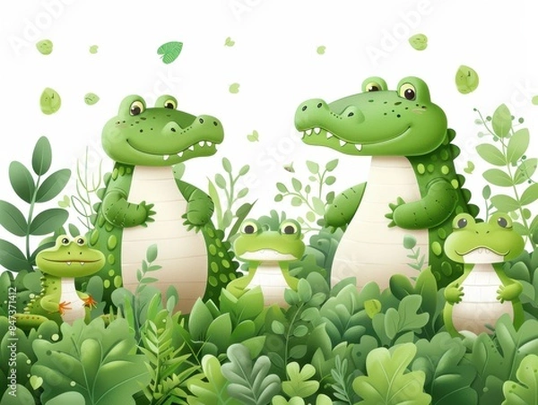 Fototapeta Adorable Cartoon Crocodile Family in Lush Green Jungle with Foliage, Perfect for Children's Stories, Educational Materials, and Fun Wallpaper