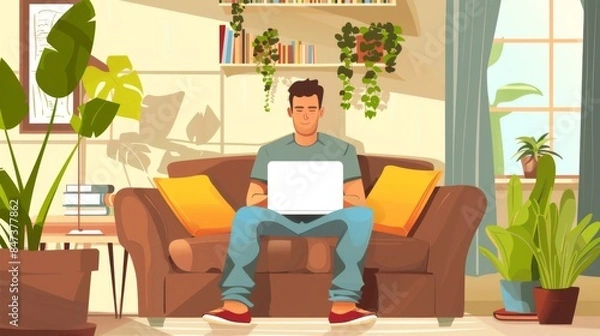 Fototapeta illustration Student attending an online class with a laptop in a comfortable home setting
