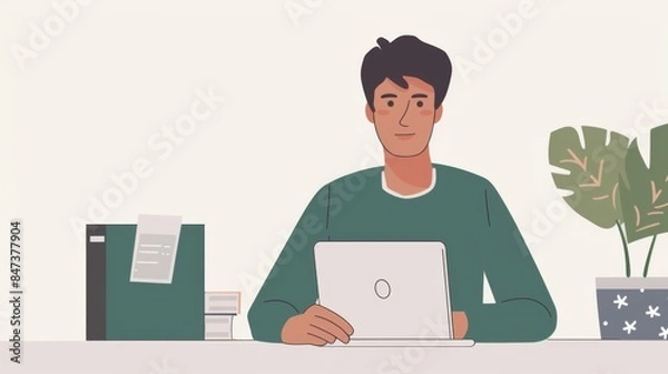 Fototapeta illustration Student attending an online class with a laptop in a comfortable home setting