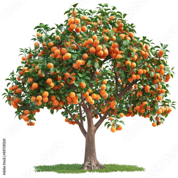 Fototapeta Lush orange tree laden with ripe oranges, standing tall in a green grassy area, showcasing the beauty of fruit-bearing trees in nature.