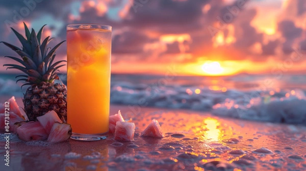 Fototapeta A refreshing glass of orange juice on a table, perfect for a summer day at the beach