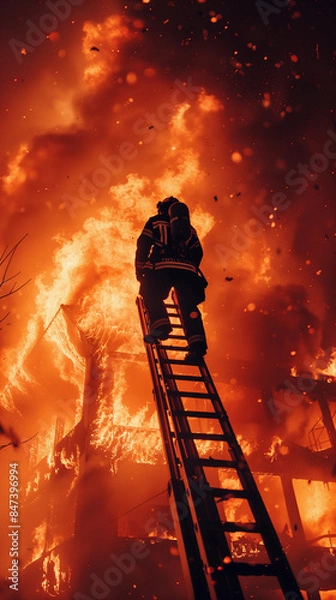 Obraz Firefighter extinguishing a fire above a staircase