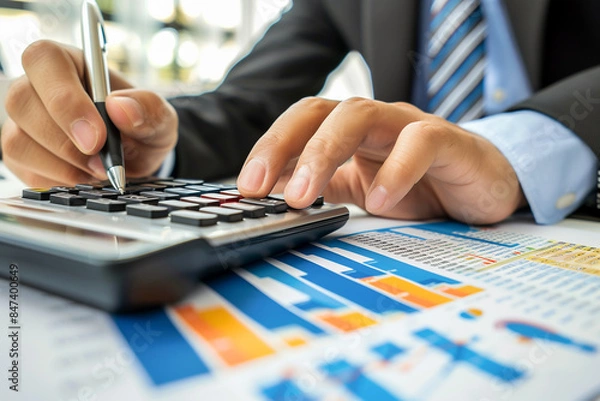 Fototapeta Businessman with graph, finance trading stock in office.