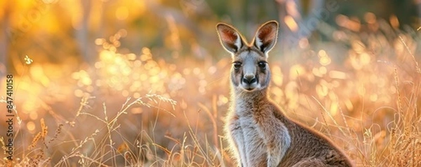 Fototapeta A close-up view of a kangaroo sitting in a golden field of tall grass, bathed in warm, glowing sunlight during a serene sunset