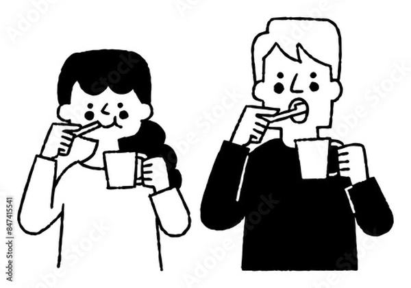 Fototapeta Man and woman brushing teeth together_2