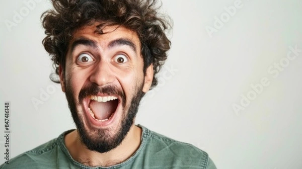 Fototapeta Funny expression of man with curly hair and beard making faces, travel in style with a twist