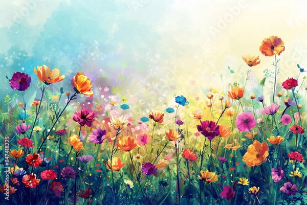 Obraz Vibrant floral background with a wildflower meadow, representing the diverse and nurturing nature of mothers. Bright colors, watercolor
