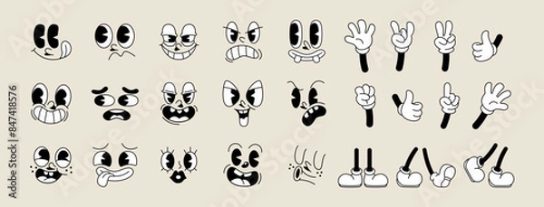 Obraz Set of 70s groovy comic faces vector. Collection of cartoon character faces, leg, hand in different emotions happy, angry, sad, cheerful. Cute retro groovy hippie illustration for decorative, sticker