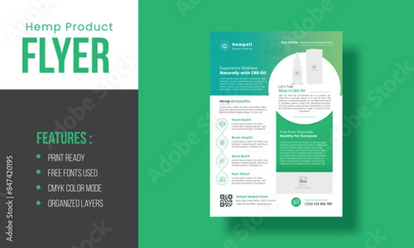 Fototapeta Hemp CBD Oil Flyer Template With Leaflet Poster Layout Design | Business Advertisement Flyer | Editable Organized Layer A4 Size Template