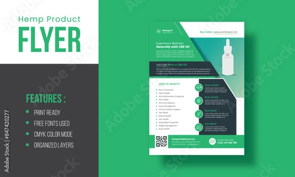 Fototapeta Hemp CBD Oil Flyer Template With Leaflet Poster Layout Design | Business Advertisement Flyer | Editable Organized Layer A4 Size Template