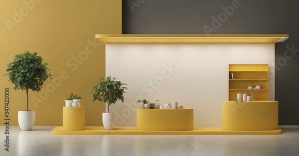 Fototapeta A minimalist modern interior design featuring a yellow and white theme with potted plants, cylindrical displays, and shelving containing decorative items against a two-tone wall background.