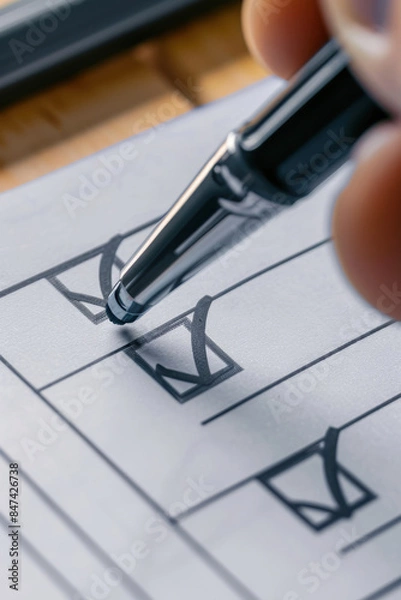 Obraz A close-up of a pen marking checkboxes on a task list, symbolizing organization, productivity, and the satisfaction of completing goals.
