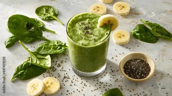 Obraz Green Smoothie with Spinach Leaves and Banana Slices