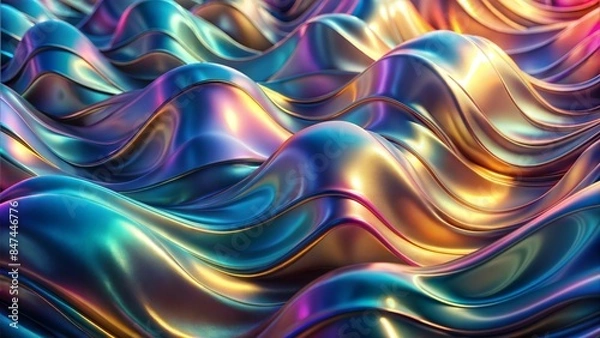 Fototapeta Cloth fabric gradient waves abstract background. Iridescent chrome wavy surface. Liquid surface, ripples, reflections. 3d render illustration.
