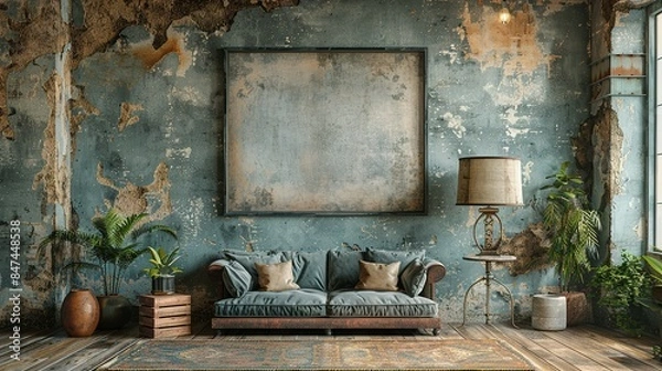 Fototapeta Retro Revival: Wall Poster Mockup in Grunge Interior Setting