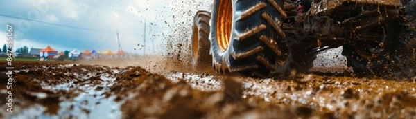 Fototapeta Create an impactful image of a tilted angle view of a powerful tractor pull in a muddy field, showcasing dynamic motion and intense competition
