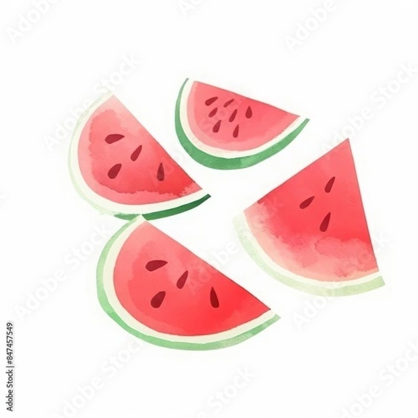 Fototapeta Vibrant watercolor illustration of four watermelon slices with green rinds and red interiors, symbolizing freshness and summer.