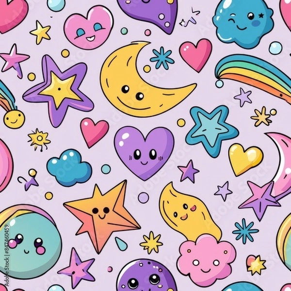 Fototapeta Seamless pattern of whimsical doodles such as stars, hearts, and smiley faces, Generative AI