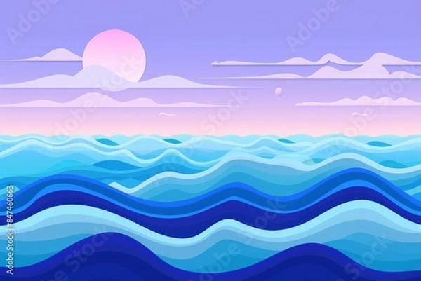 Fototapeta Serene ocean waves under a pink sunset sky, with gentle clouds floating above. Perfect for nature and relaxation themed designs.