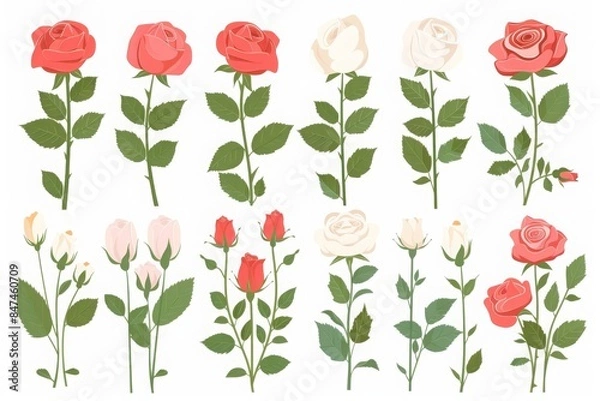 Obraz Set of various red and white rose illustrations on white background, showcasing different stages of bloom and design styles.