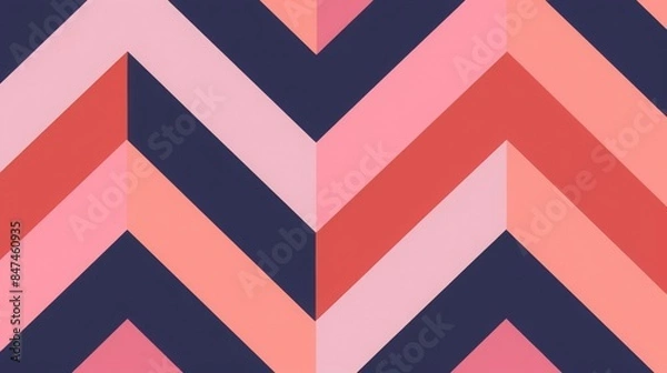 Fototapeta Vibrant geometric chevron pattern in pink, red, and navy hues creating a visually dynamic and modern abstract background design.