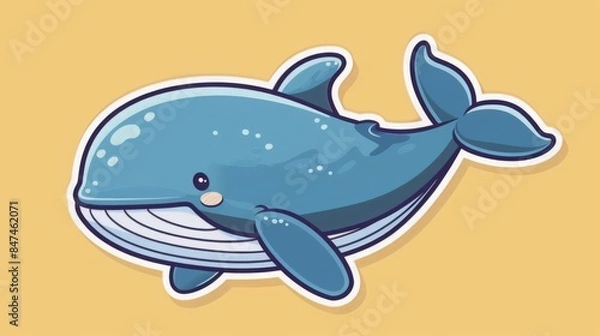 Fototapeta Cute cartoon whale illustration with a happy expression and vibrant blue color against a yellow background. Ideal for children's content.