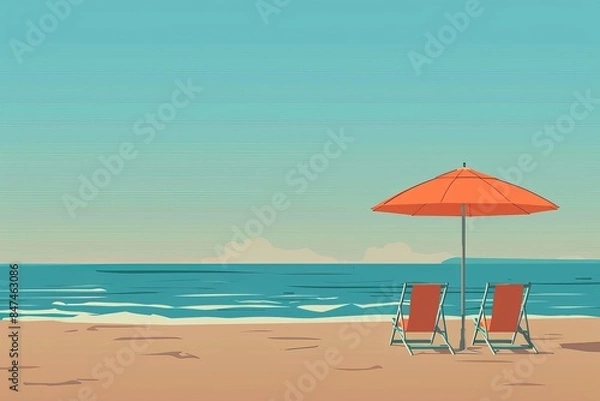 Fototapeta A tranquil beach scene featuring two chairs under an orange umbrella with a calm ocean in the background, perfect for a relaxing getaway.